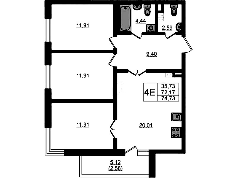 3-комнатная квартира 74.73 м², 3/4 эт., ЖК «Новая история»